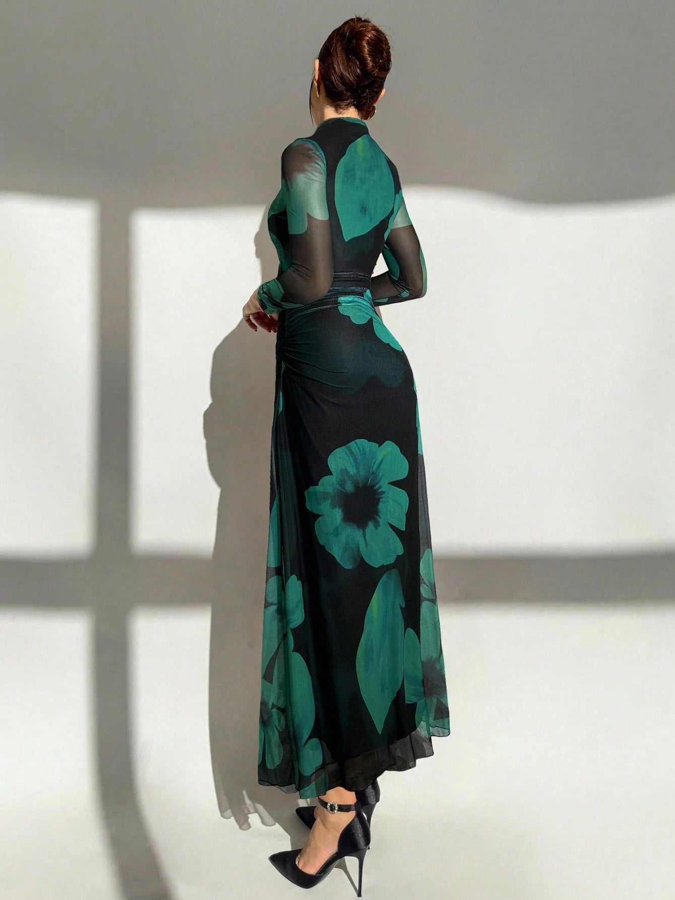 Tie Dye Floral Mesh Print Party Long Sleeve Fitted Dress shein