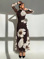 Tie Dye Floral Mesh Print Party Long Sleeve Fitted Dress shein