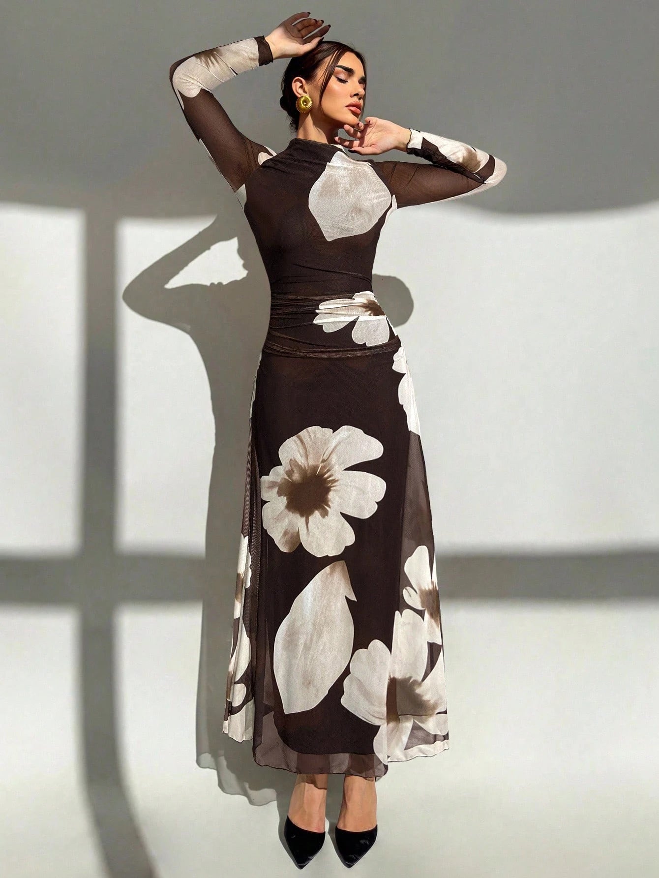 Tie Dye Floral Mesh Print Party Long Sleeve Fitted Dress shein