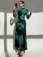 Tie Dye Floral Mesh Print Party Long Sleeve Fitted Dress shein