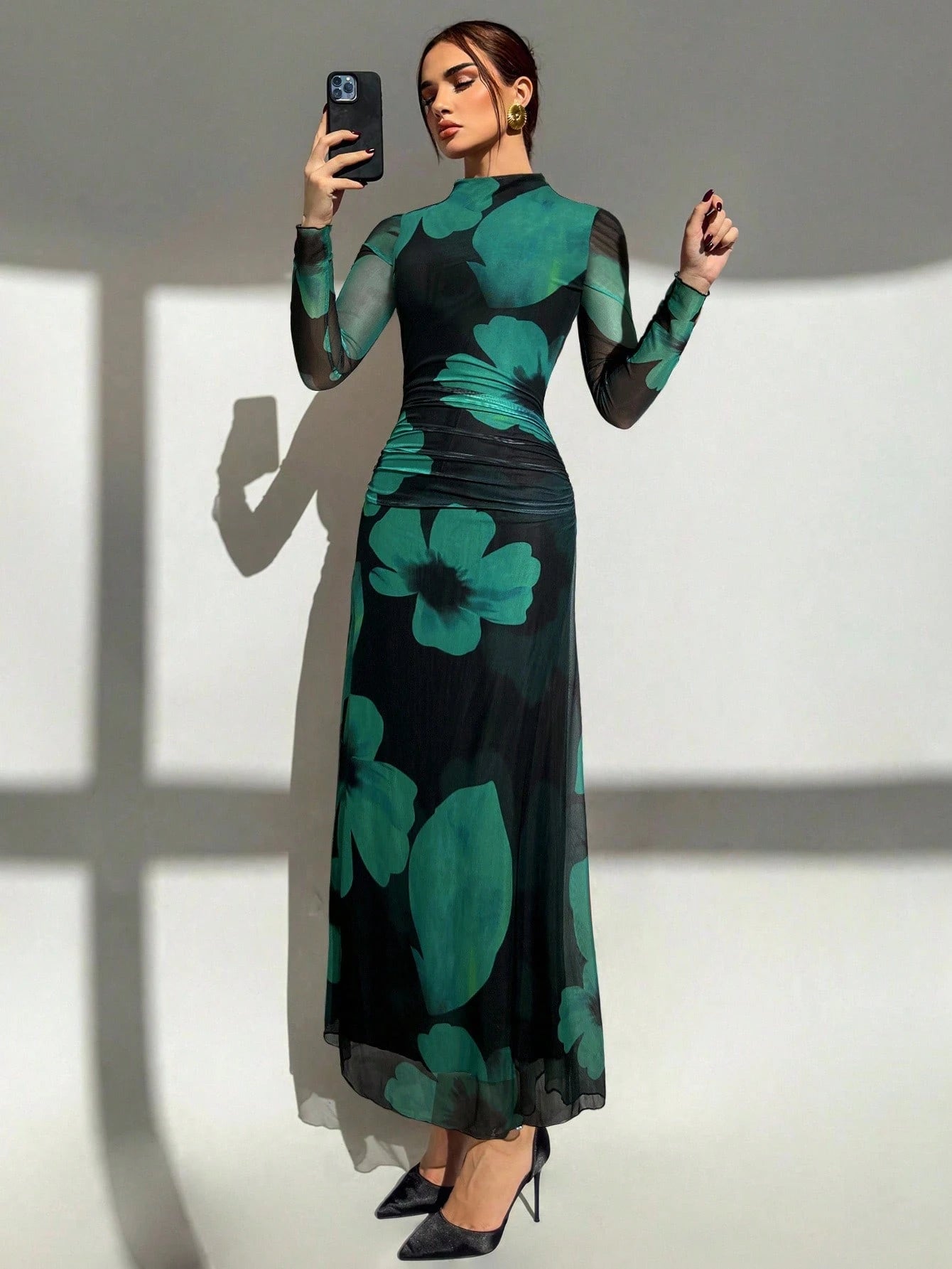 Tie Dye Floral Mesh Print Party Long Sleeve Fitted Dress shein