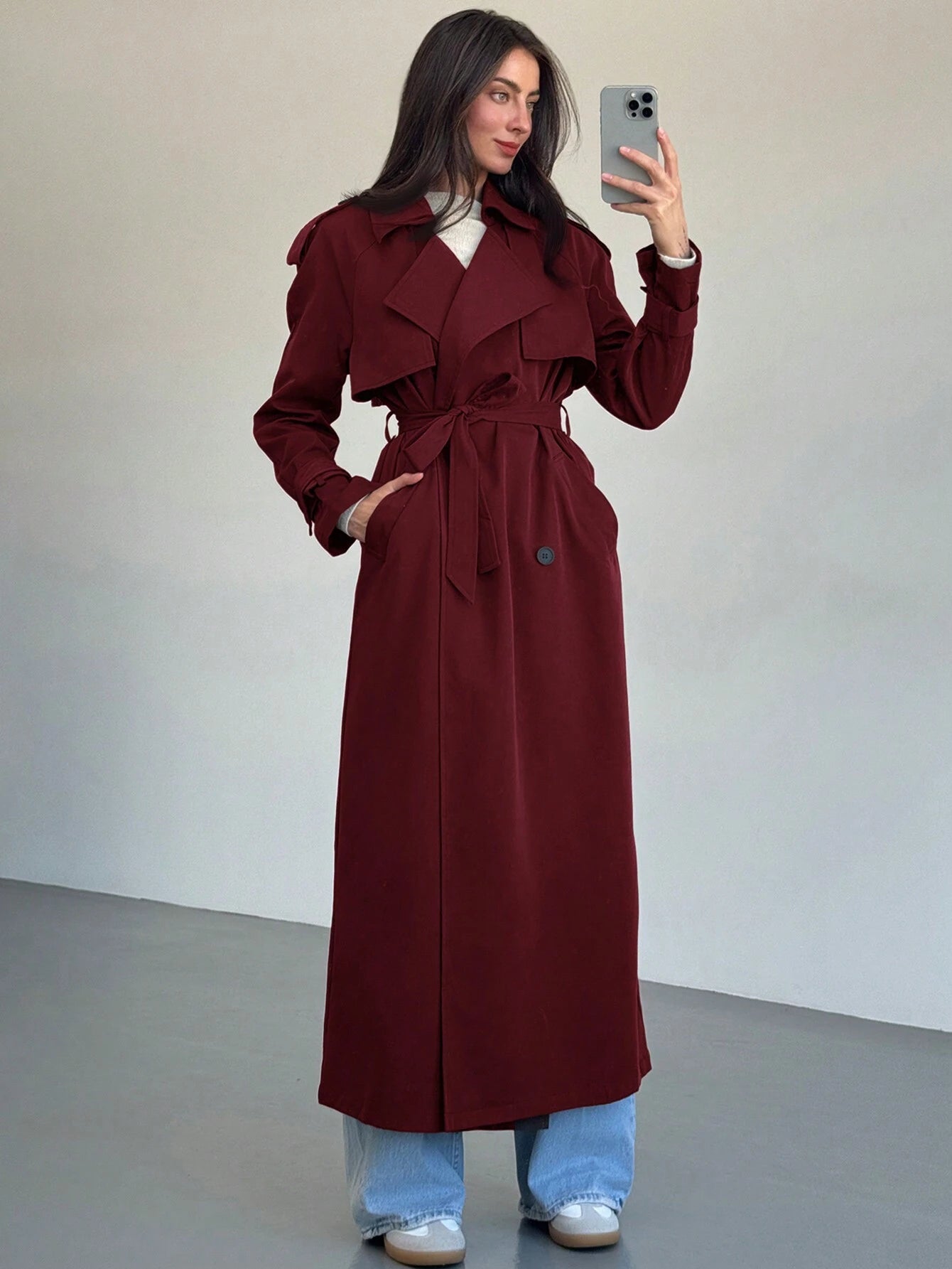 Double-Breasted Decoration England Style Large Turn-Down Collar Trench Coat shein