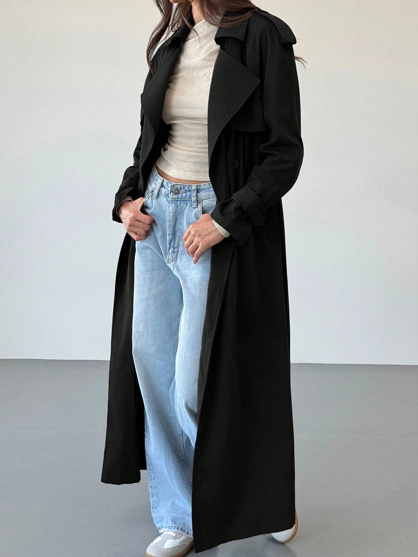 Double-Breasted Decoration England Style Large Turn-Down Collar Trench Coat shein