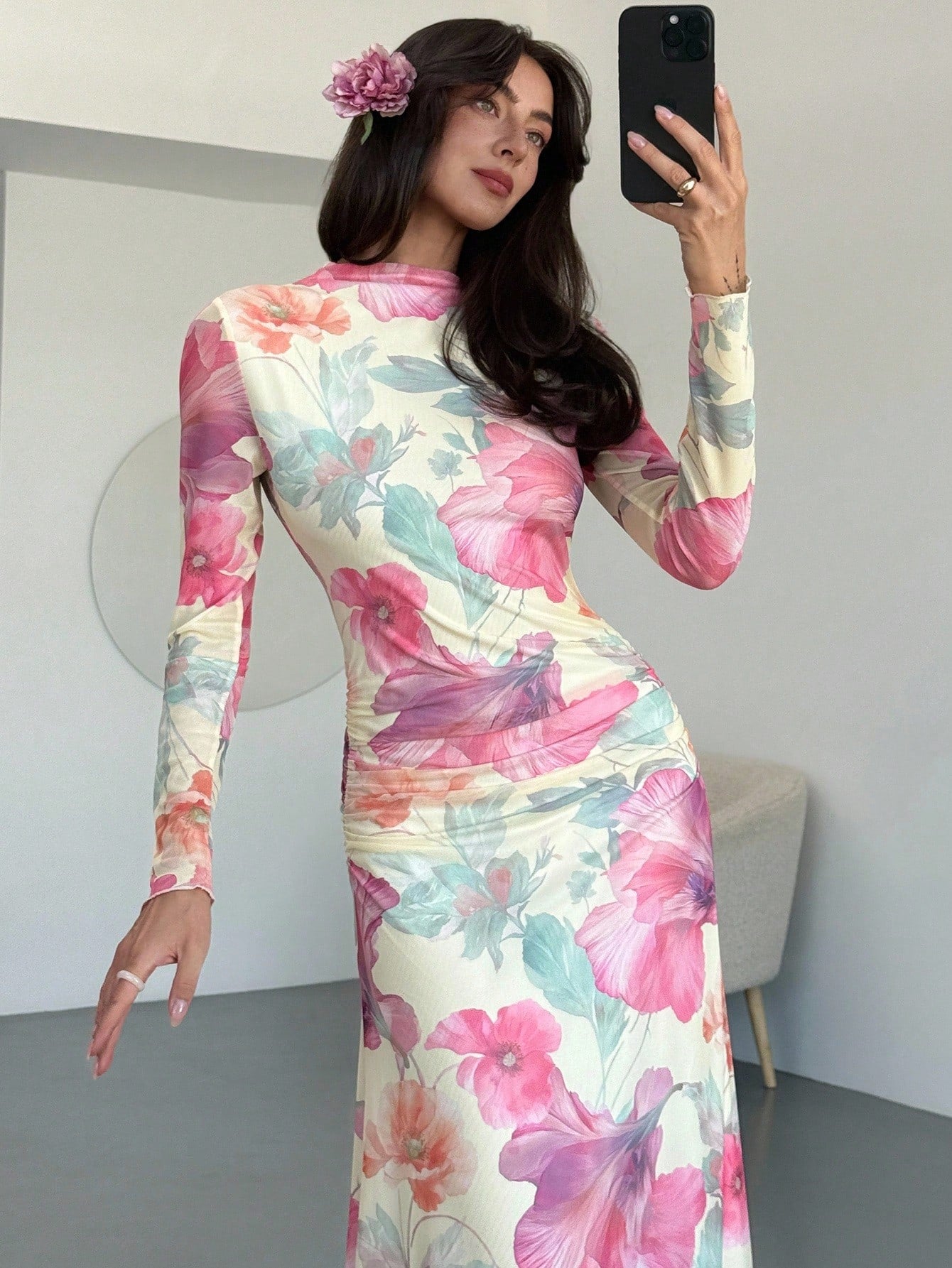 Tie Dye Floral Mesh Print Party Long Sleeve Fitted Dress shein