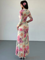 Tie Dye Floral Mesh Print Party Long Sleeve Fitted Dress shein