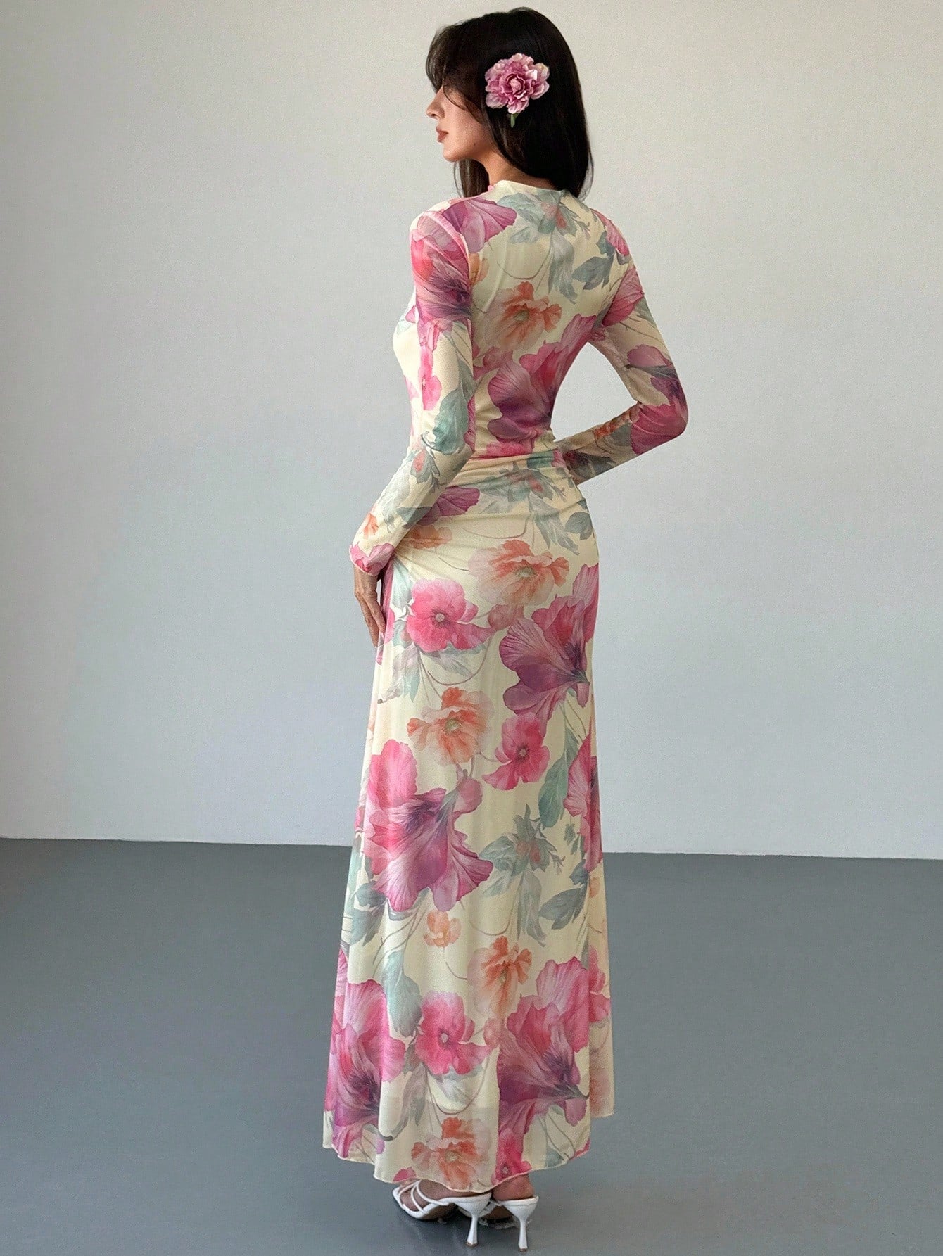 Tie Dye Floral Mesh Print Party Long Sleeve Fitted Dress shein