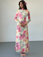Tie Dye Floral Mesh Print Party Long Sleeve Fitted Dress shein