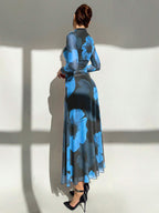 Tie Dye Floral Mesh Print Party Long Sleeve Fitted Dress shein