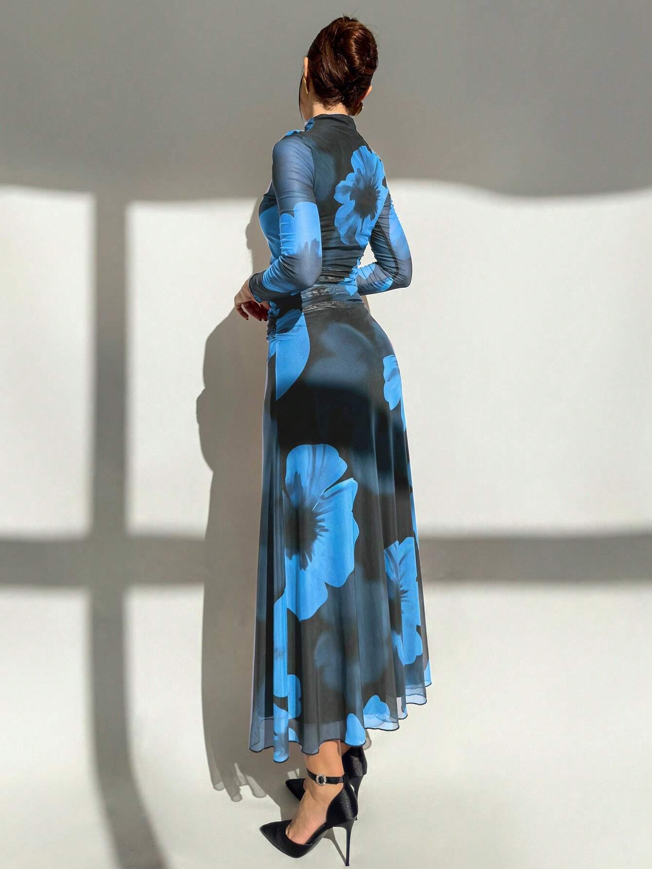 Tie Dye Floral Mesh Print Party Long Sleeve Fitted Dress shein