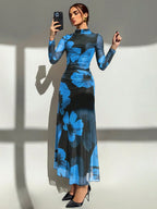 Tie Dye Floral Mesh Print Party Long Sleeve Fitted Dress shein