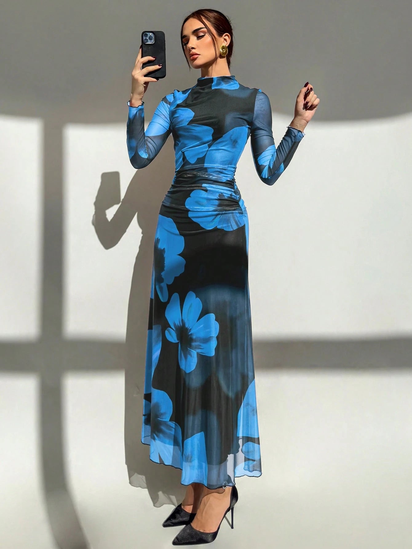 Tie Dye Floral Mesh Print Party Long Sleeve Fitted Dress shein