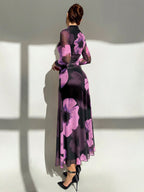 Tie Dye Floral Mesh Print Party Long Sleeve Fitted Dress shein