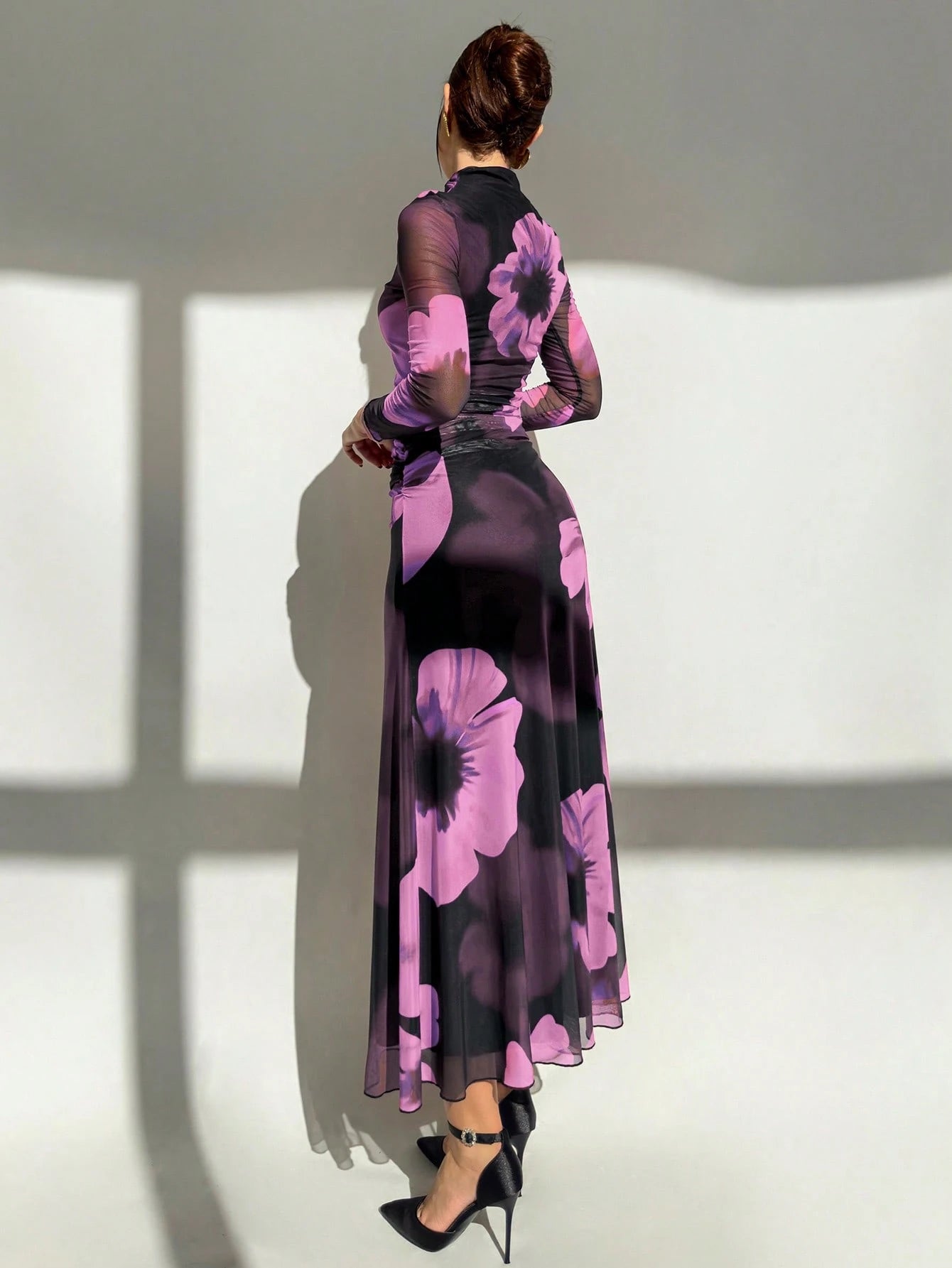 Tie Dye Floral Mesh Print Party Long Sleeve Fitted Dress shein