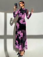 Tie Dye Floral Mesh Print Party Long Sleeve Fitted Dress shein