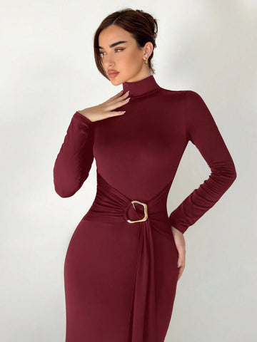 Stand Collar Long Sleeve Cinched Waist Extra-Long Versatile Knit Dress