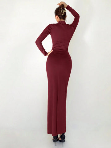 Stand Collar Long Sleeve Cinched Waist Extra-Long Versatile Knit Dress
