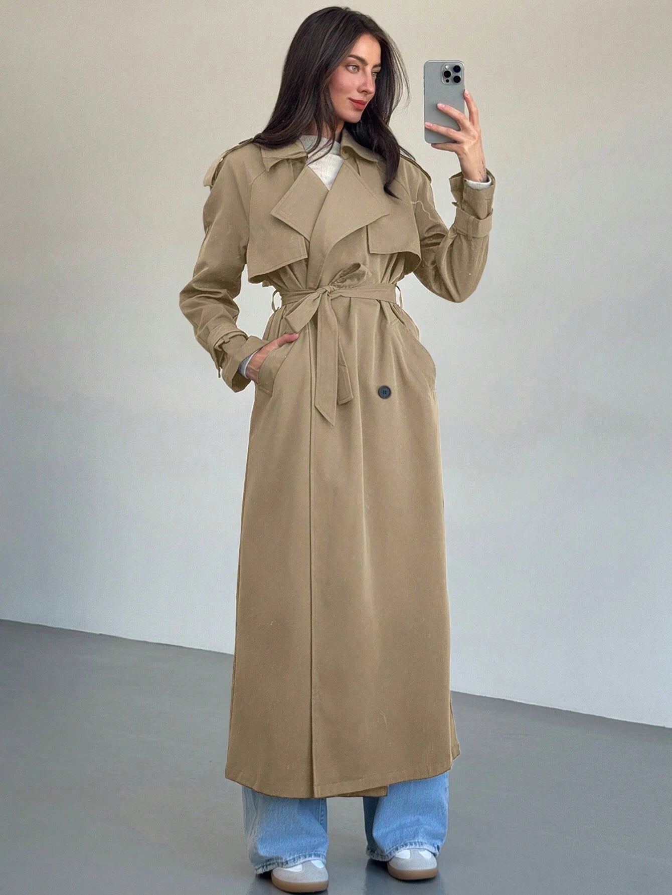 Double-Breasted Decoration England Style Large Turn-Down Collar Trench Coat shein