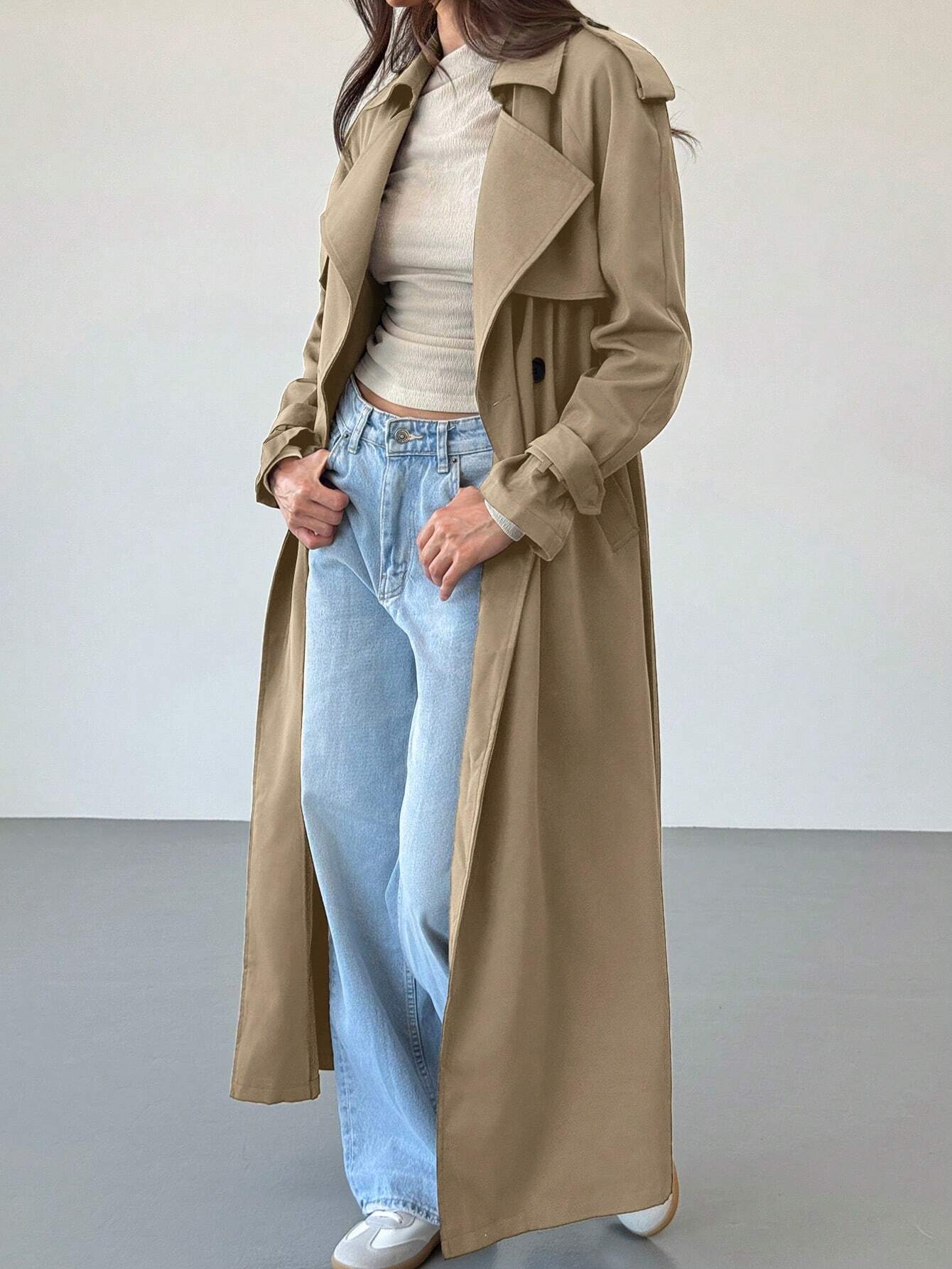 Double-Breasted Decoration England Style Large Turn-Down Collar Trench Coat shein