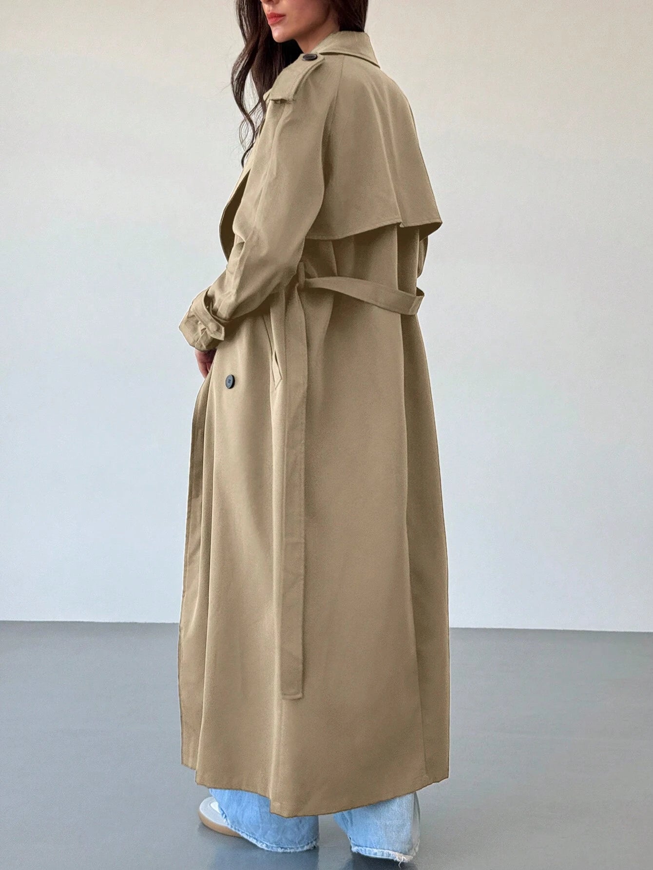 Double-Breasted Decoration England Style Large Turn-Down Collar Trench Coat shein