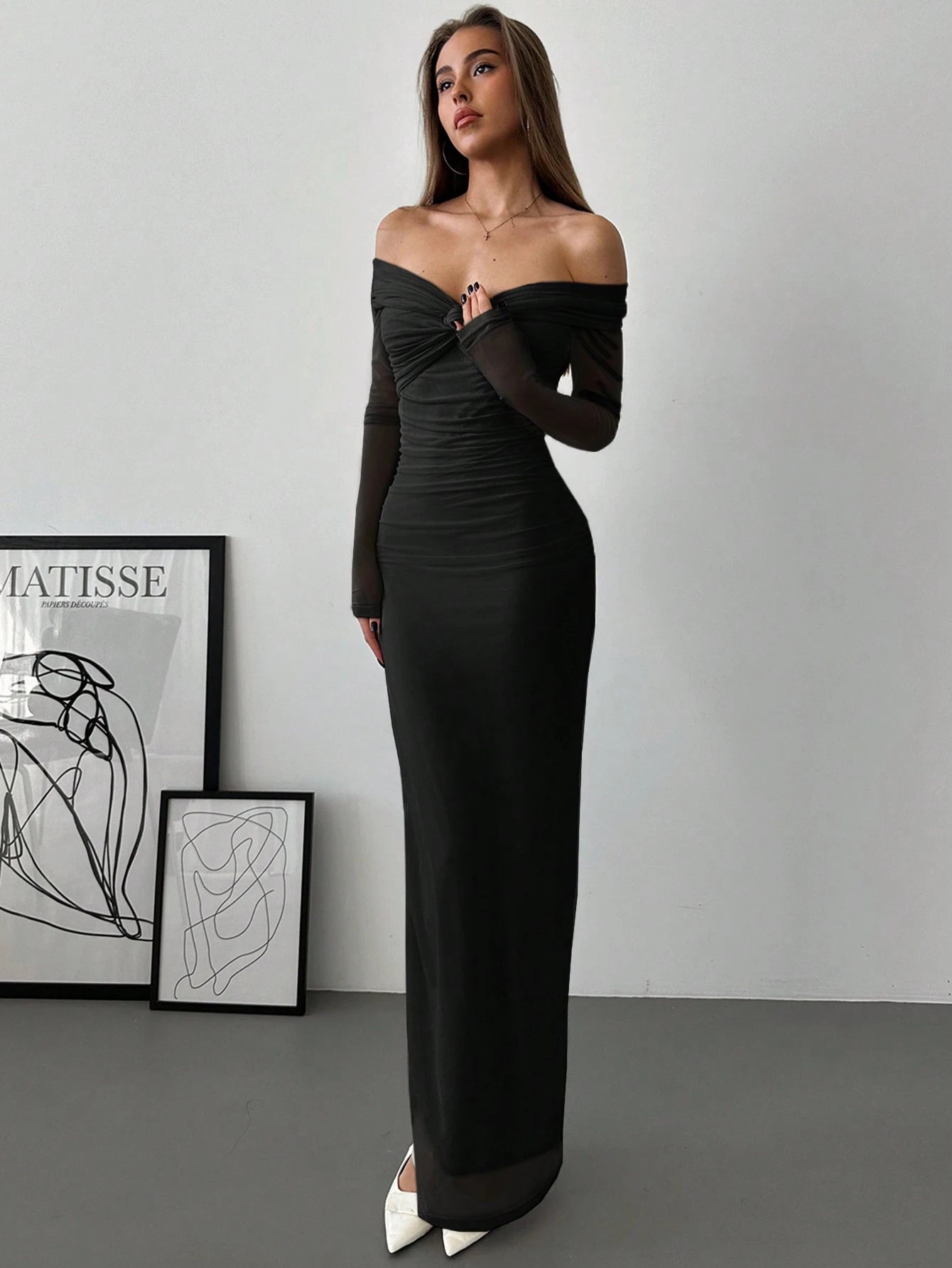 Aloruh Off Shoulder Twist Ruched Ruffle Dress With Mesh Details shein