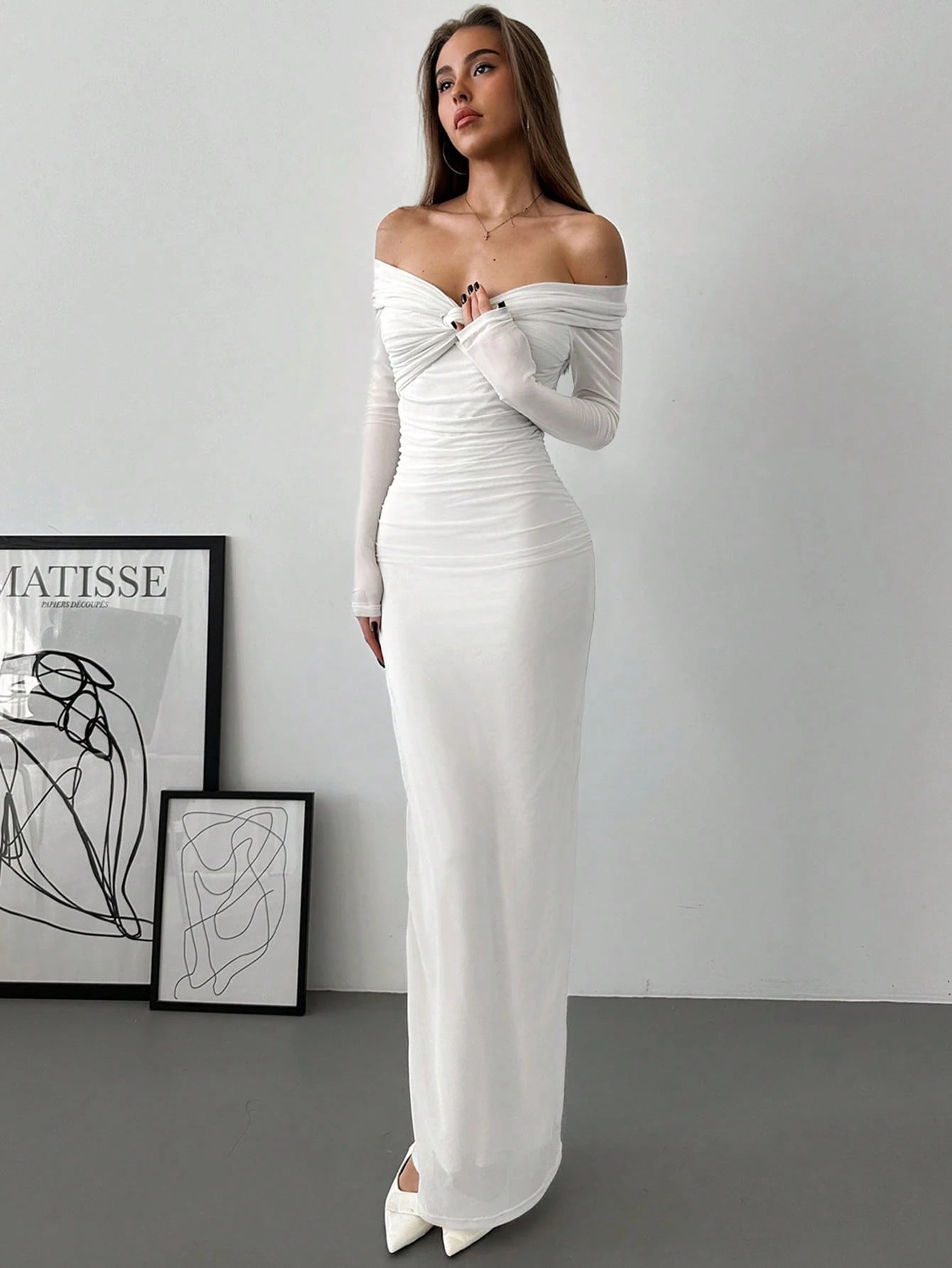 Aloruh Off Shoulder Twist Ruched Ruffle Dress With Mesh Details shein