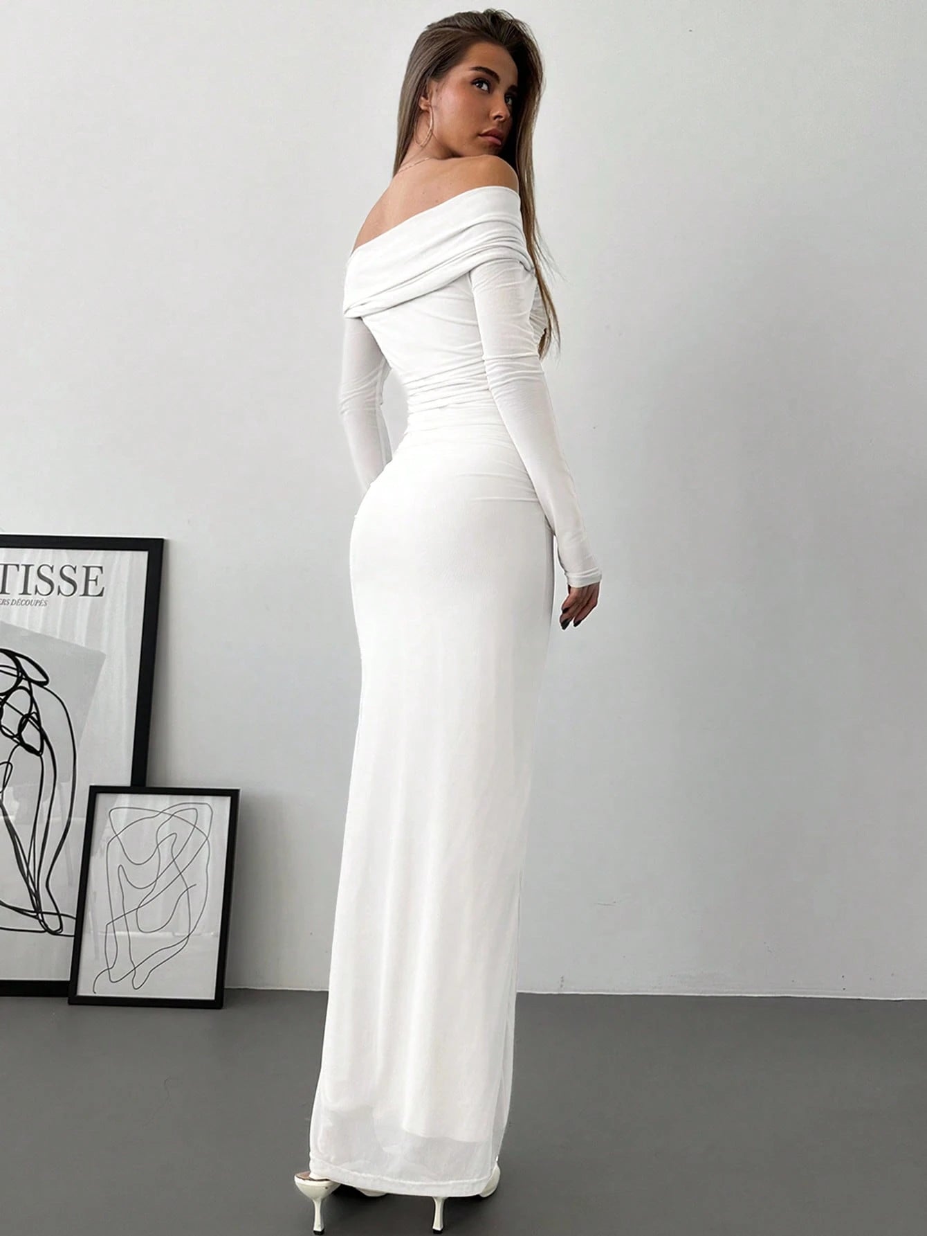 Aloruh Off Shoulder Twist Ruched Ruffle Dress With Mesh Details shein