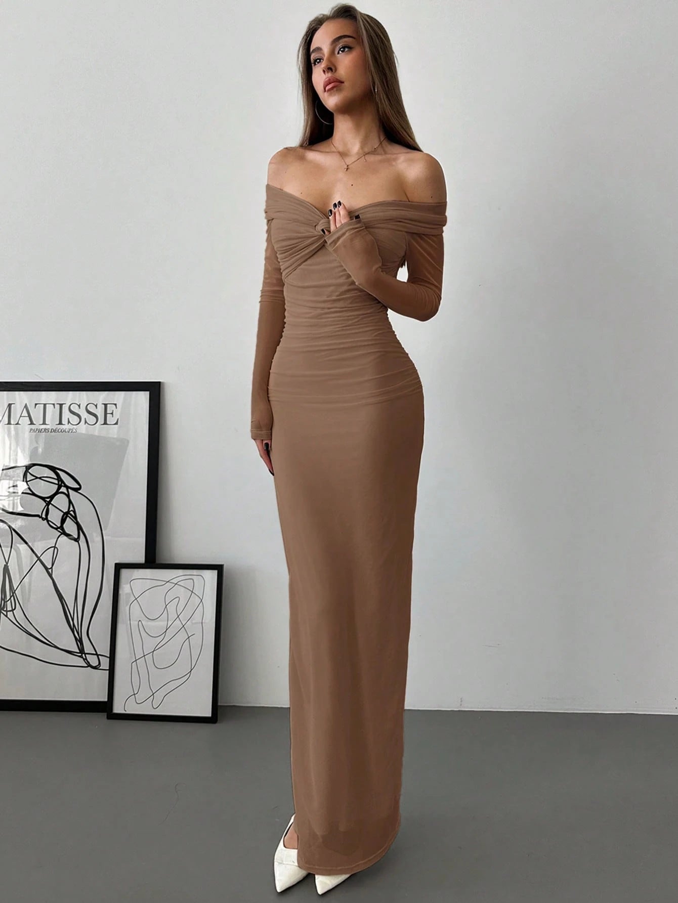 Aloruh Off Shoulder Twist Ruched Ruffle Dress With Mesh Details shein