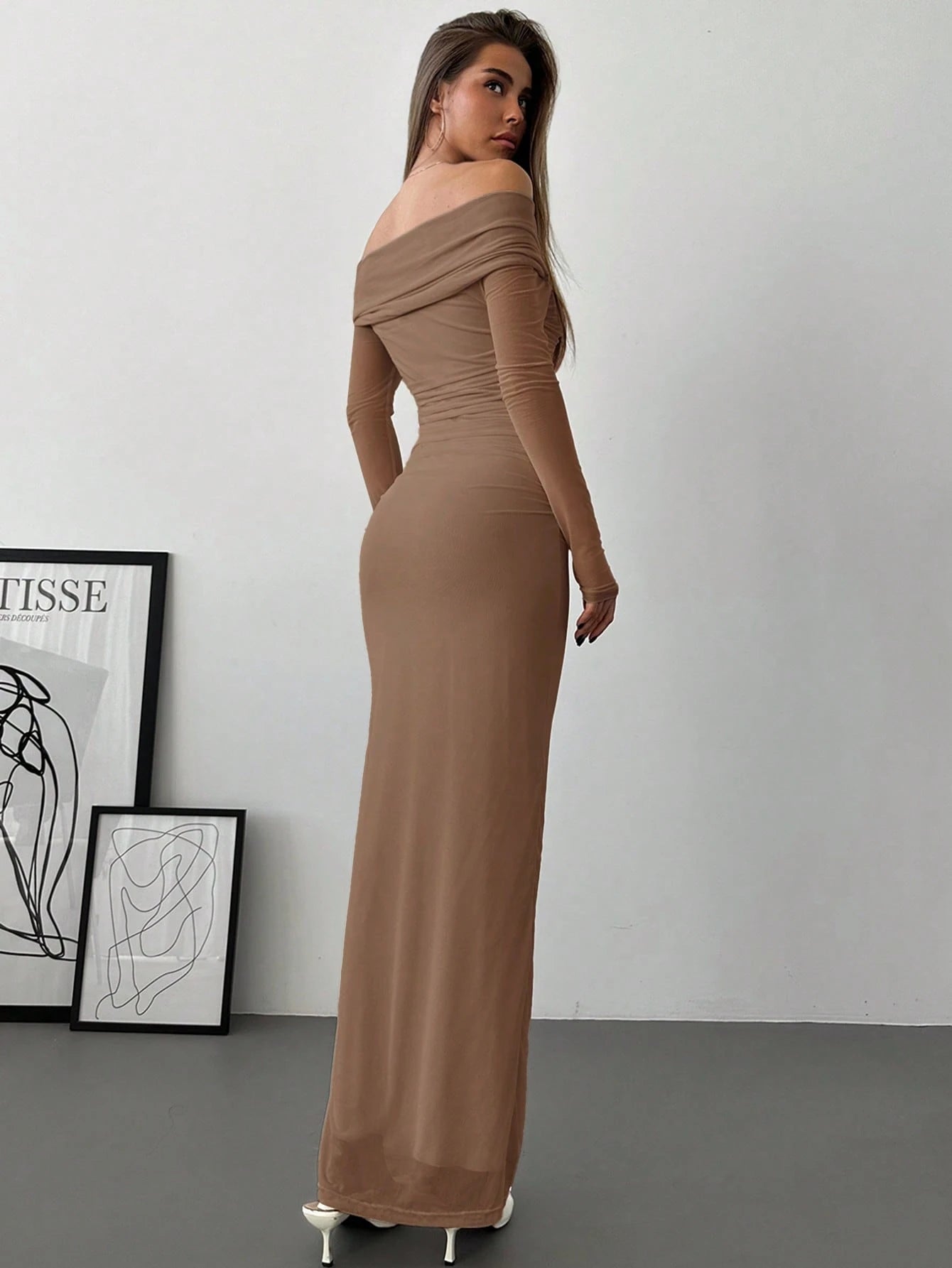 Aloruh Off Shoulder Twist Ruched Ruffle Dress With Mesh Details shein