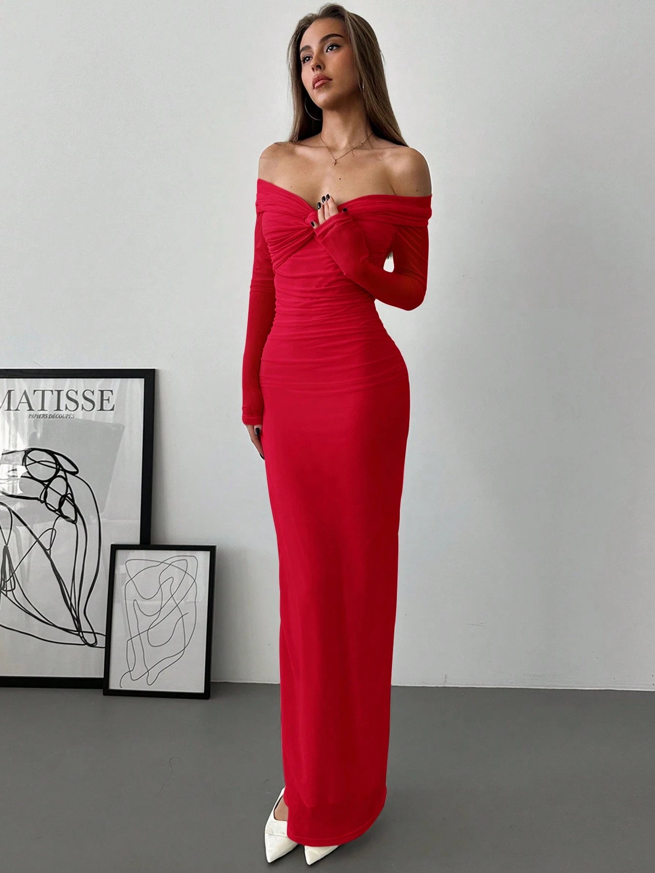 Aloruh Off Shoulder Twist Ruched Ruffle Dress With Mesh Details shein