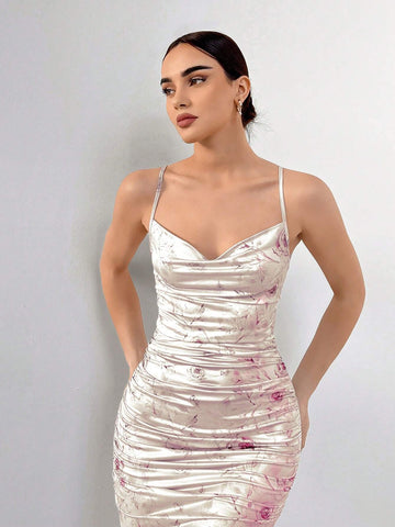 Elegant Floral Print Draped Neck Ruched Slim Fit Cami Dress