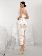 Elegant Floral Print Draped Neck Ruched Slim Fit Cami Dress shein