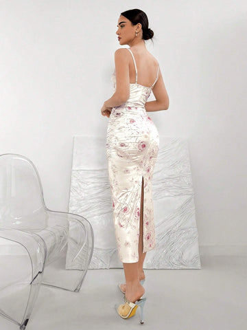 Elegant Floral Print Draped Neck Ruched Slim Fit Cami Dress