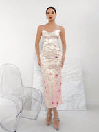 Elegant Floral Print Draped Neck Ruched Slim Fit Cami Dress shein