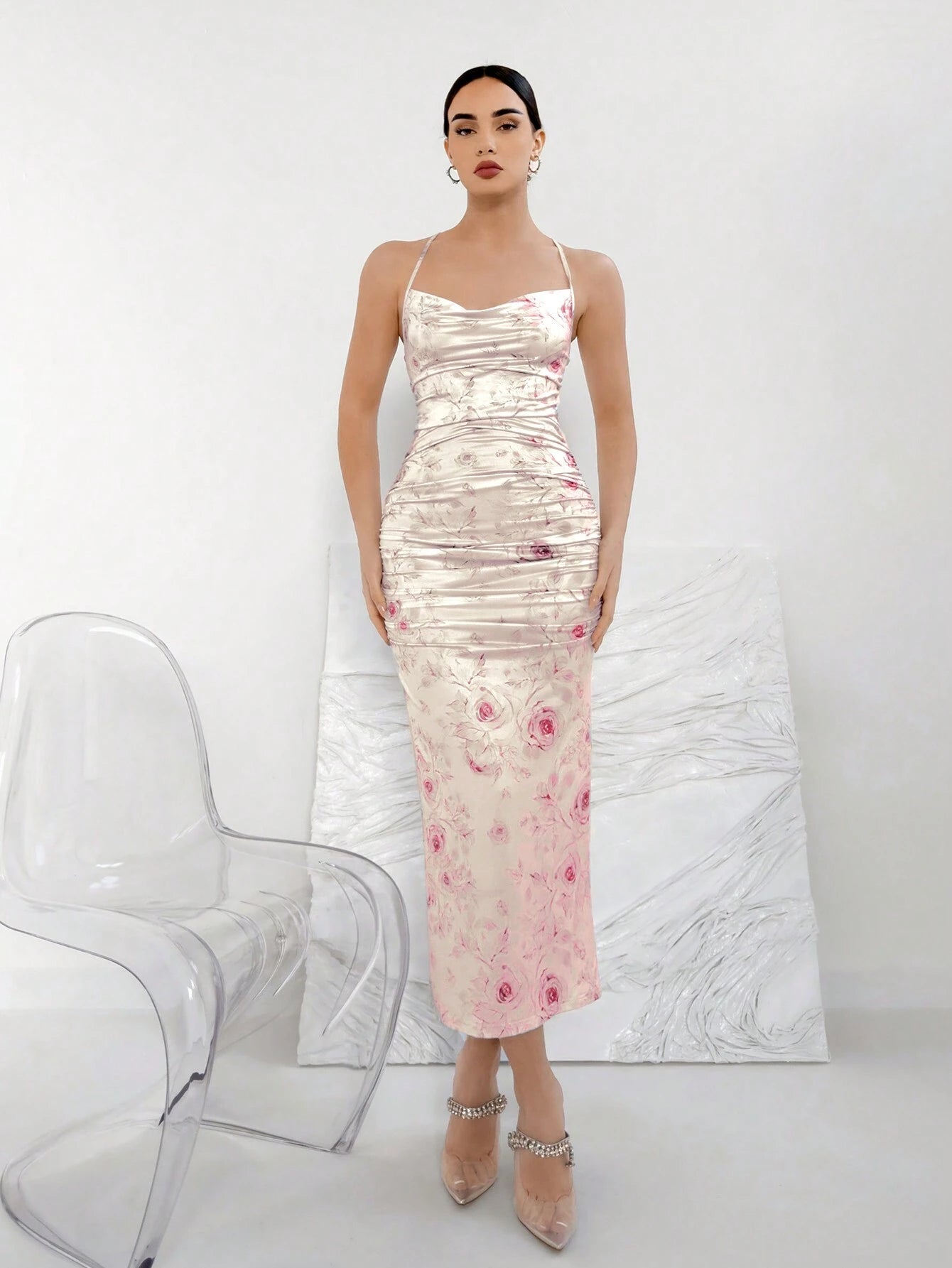 Elegant Floral Print Draped Neck Ruched Slim Fit Cami Dress shein
