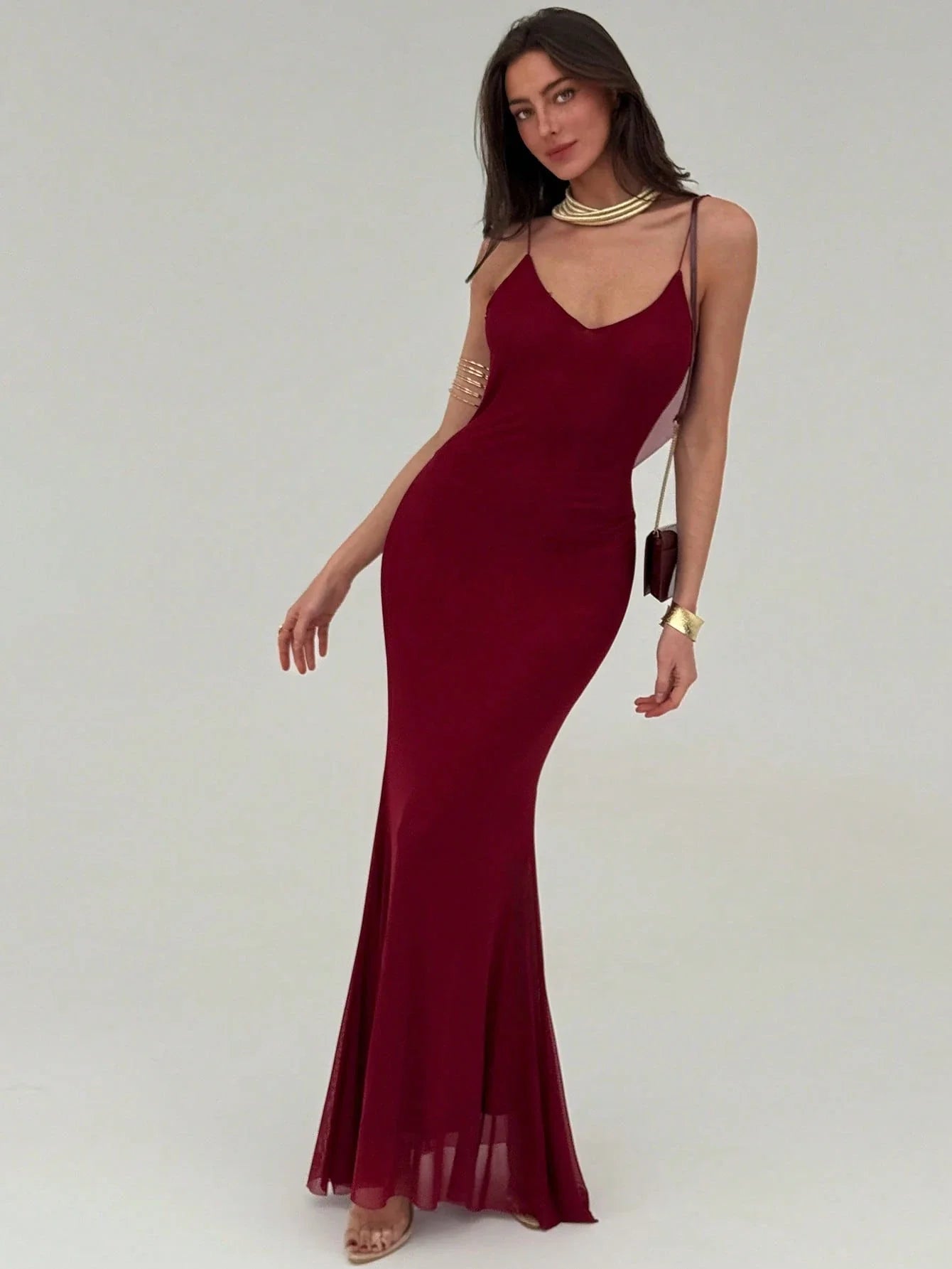 Spaghetti Strap Bodycon Backless V-Neck Long Mesh Women Dress shein