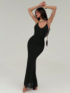 Spaghetti Strap Bodycon Backless V-Neck Long Mesh Women Dress shein