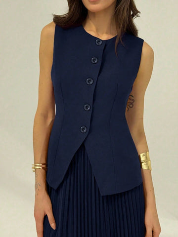 Women's Solid Color Vest + Pleated A-Line Skirt Suit