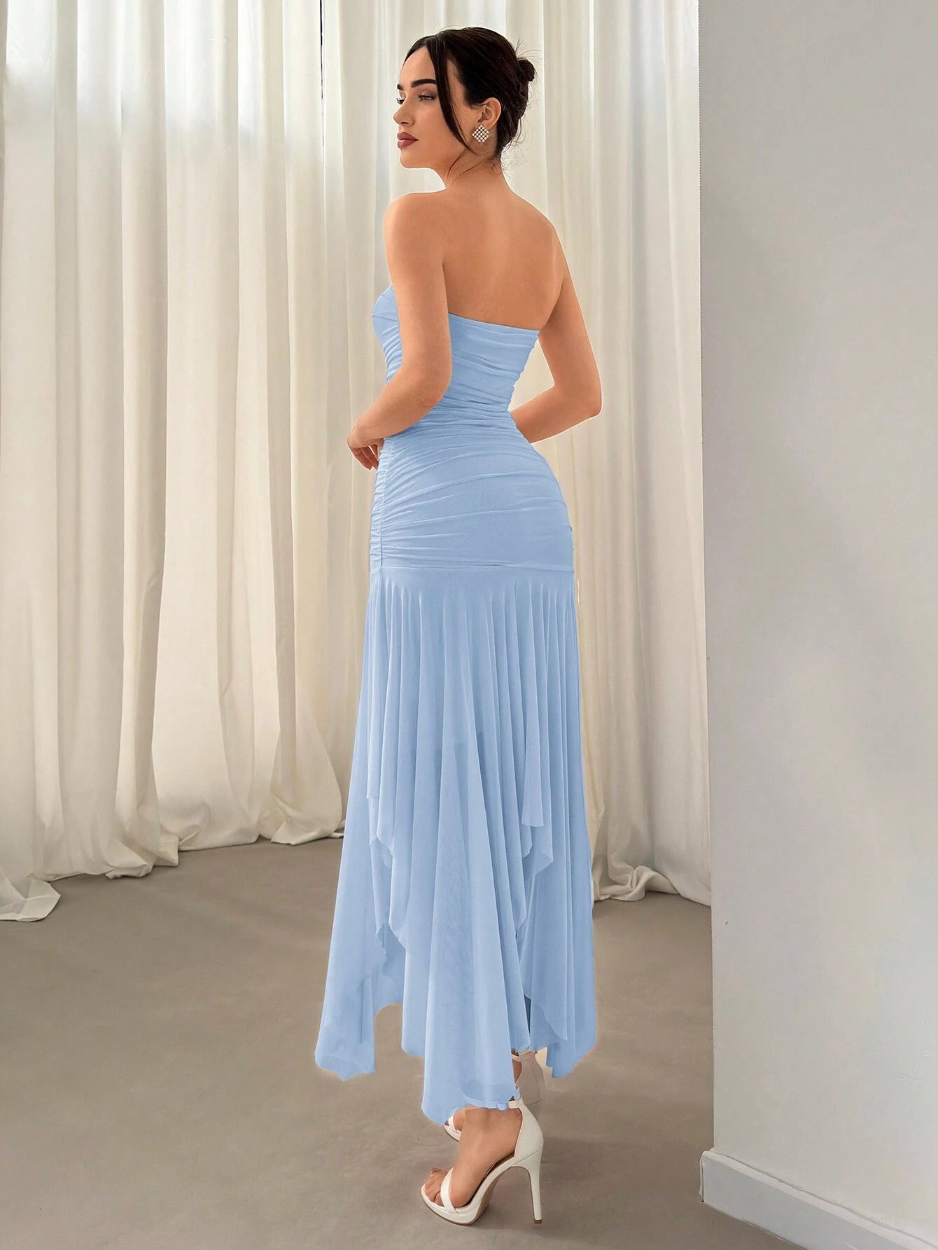 Aloruh Ladies' Asymmetrical Hem Ruffle Trim Dating & Wedding Season Dress shein