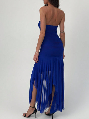 Aloruh Ladies' Asymmetrical Hem Ruffle Trim Dating & Wedding Season Dress
