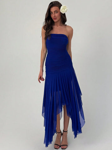 Aloruh Ladies' Asymmetrical Hem Ruffle Trim Dating & Wedding Season Dress