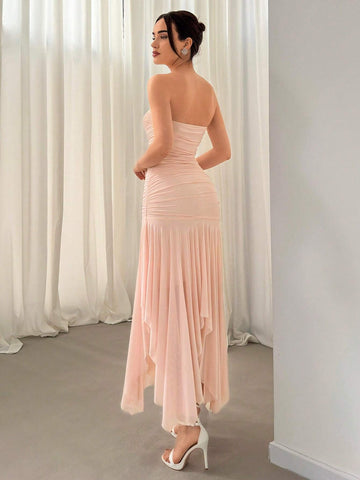 Aloruh Ladies' Asymmetrical Hem Ruffle Trim Dating & Wedding Season Dress