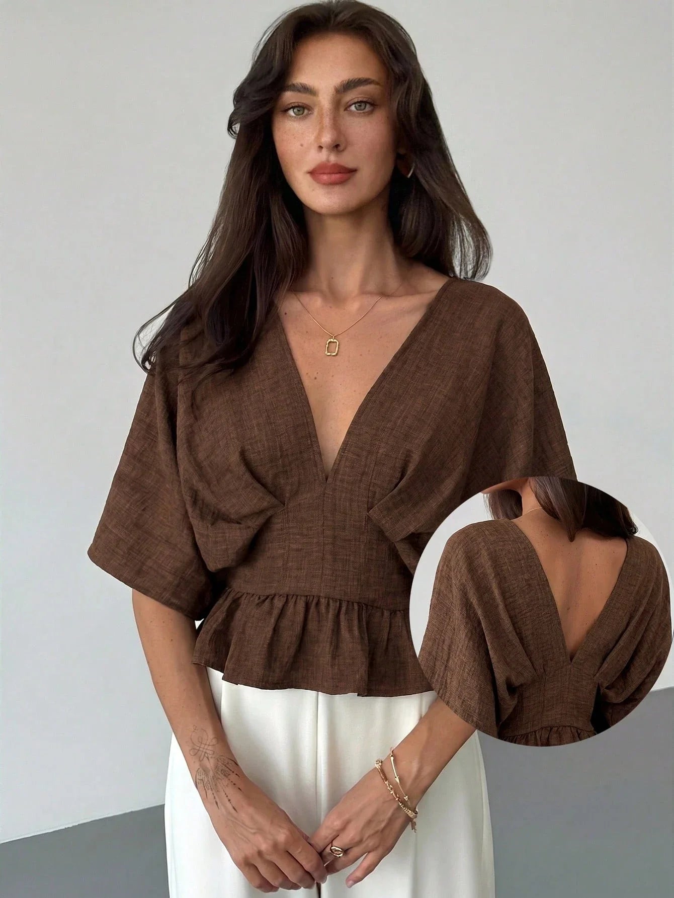Solid Color V-Neck Ruffle Hem Blouse shein