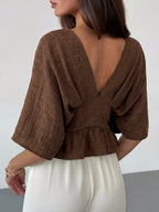 Solid Color V-Neck Ruffle Hem Blouse shein