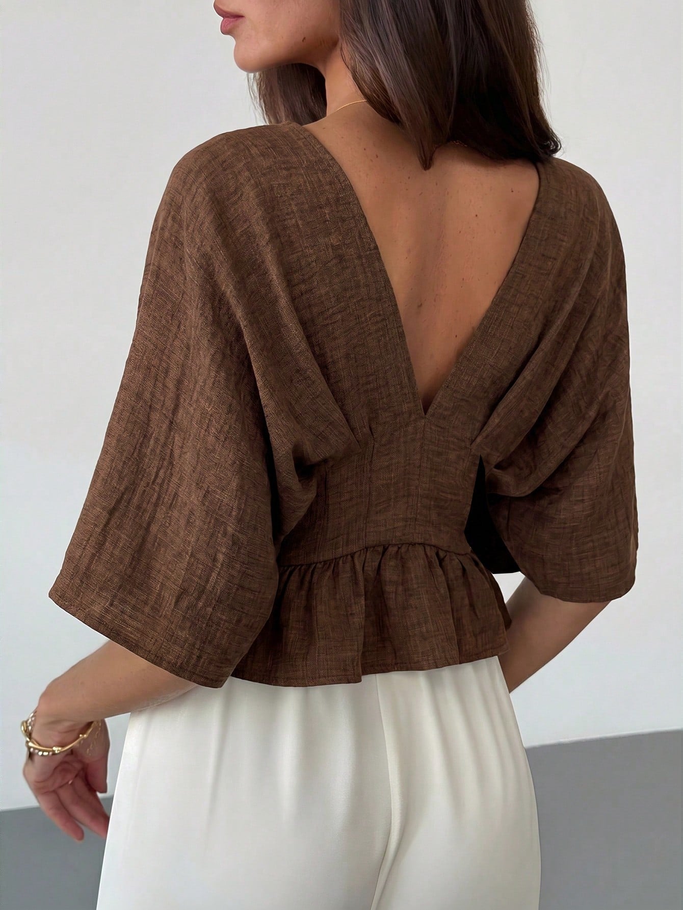 Solid Color V-Neck Ruffle Hem Blouse shein