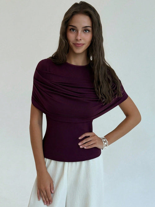 Women's Elegant Solid Color Ruched Fitted Top shein