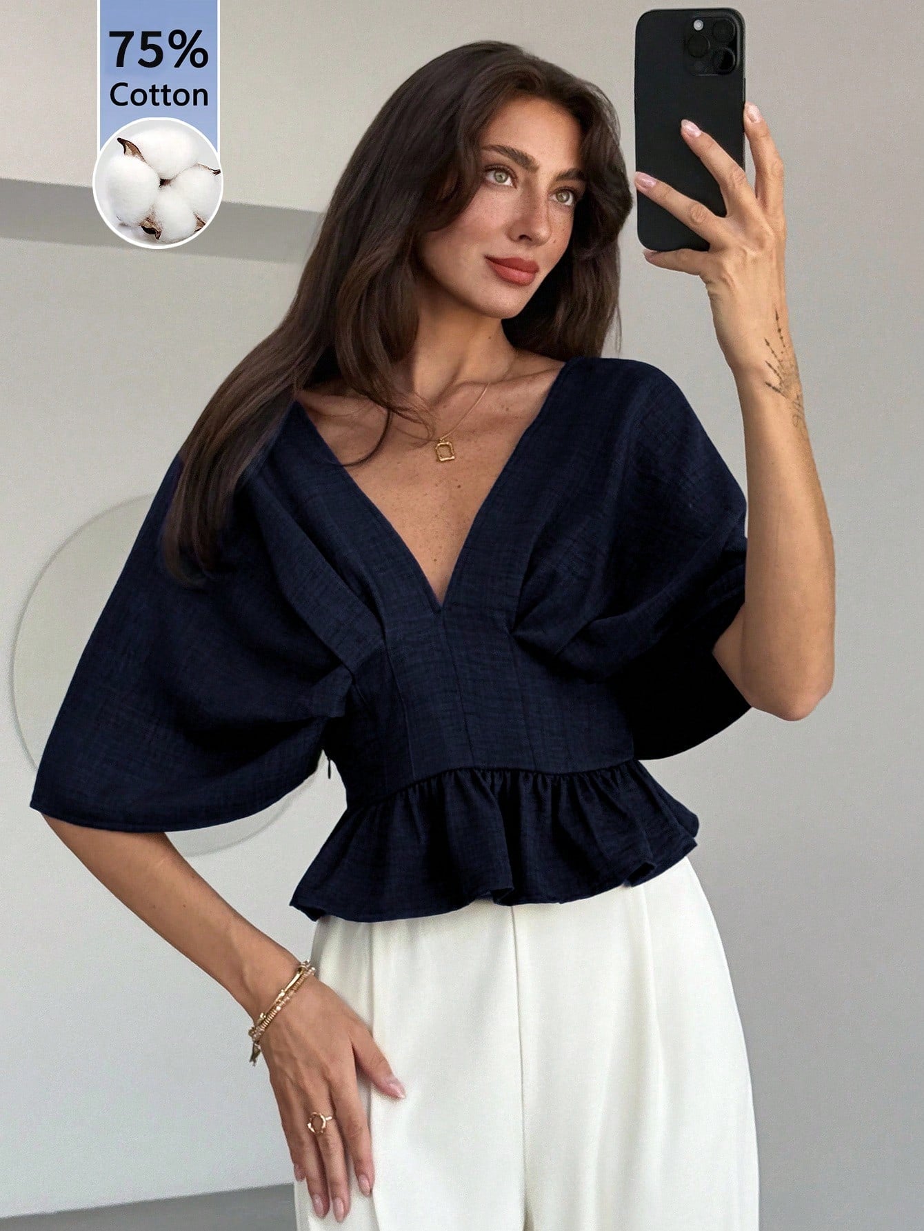 Solid Color V-Neck Ruffle Hem Blouse shein