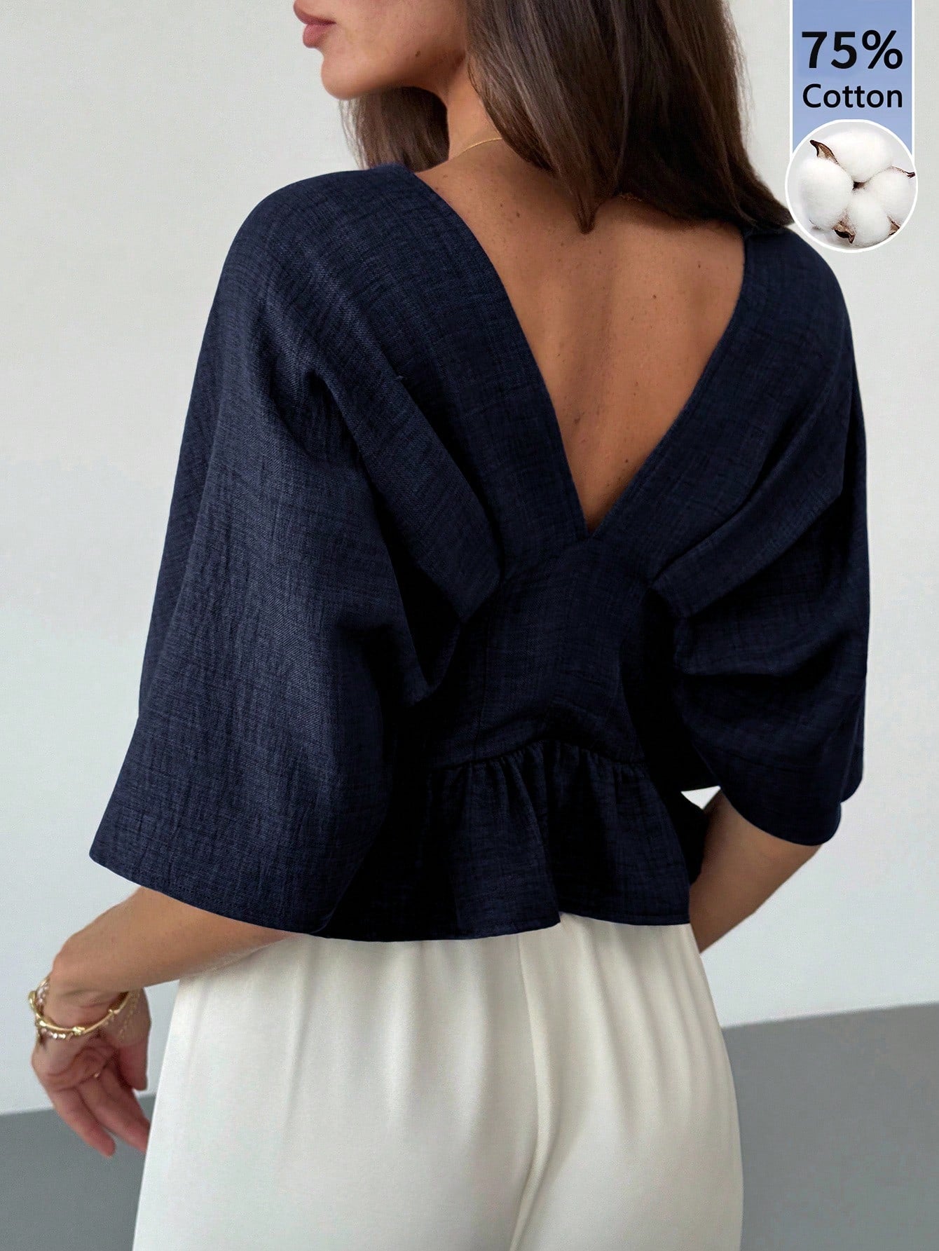 Solid Color V-Neck Ruffle Hem Blouse shein