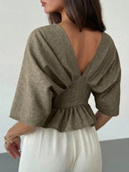 Solid Color V-Neck Ruffle Hem Blouse shein