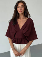 Solid Color V-Neck Ruffle Hem Blouse shein