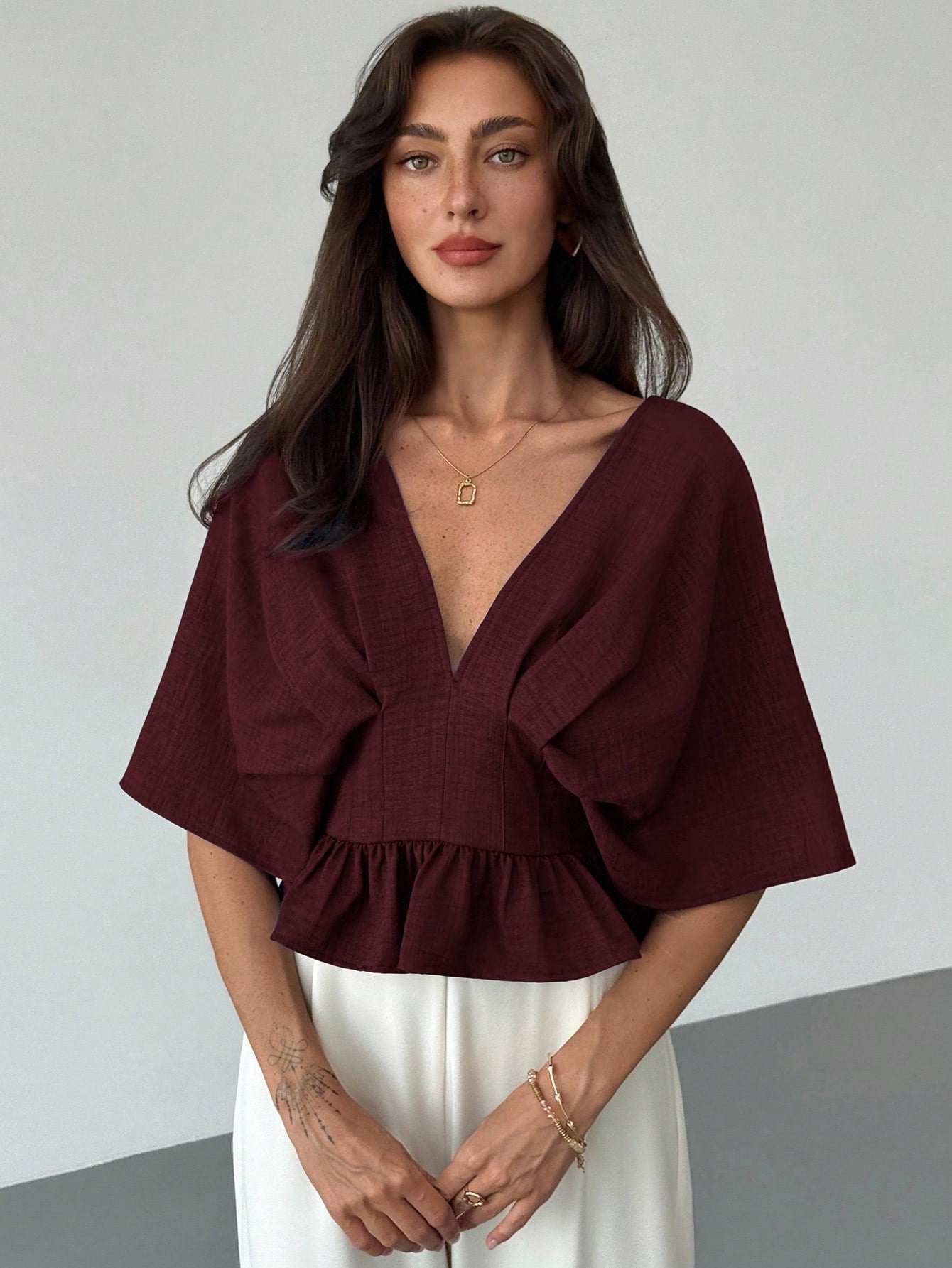 Solid Color V-Neck Ruffle Hem Blouse shein
